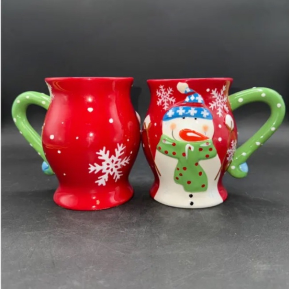 Pier1 imports Jolly Holiday Snowman Mugs - Red,Green& Blue. Never used. 5x3.5”